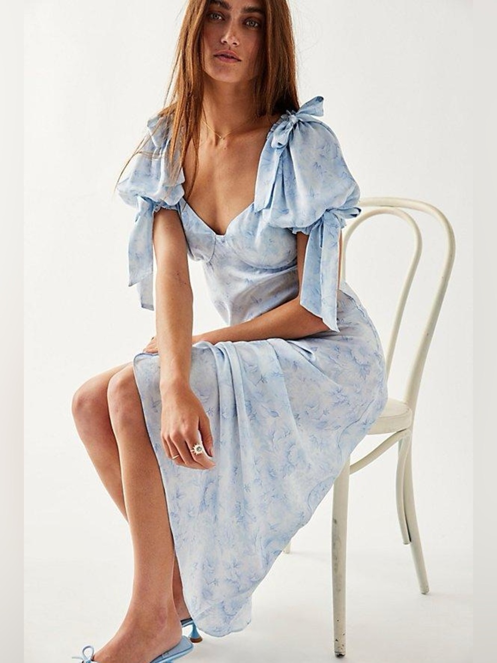 Selkie Poet Puff-Sleeve Sweetheart Silk Charmeuse Slip Midi Dress
